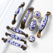 MAXMIX 1pcs Fashion creative blue ceramic furniture handle bronze drawer cabinet pull antique brass white and blue porcelain 2024 - buy cheap