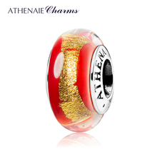 Athenaie-colar de prata esterlina 100%, medalhão de prata legítima, folha de ouro vermelho, contas de vidro de murano, pingente para pulseira, fabricação de joias diy 2024 - compre barato
