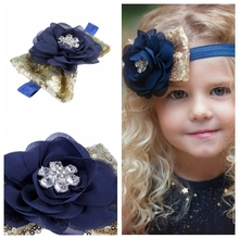 Yundfly Boutique-Diadema elástica con lazo de lentejuelas doradas para niña, diadema de flor de Gasa azul marino para fiesta, accesorios de fotografía para niños 2024 - compra barato