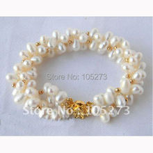 Pulsera de perlas barrocas blancas de agua dulce, pulsera de perlas hermosas de 3 hebras, 6-7mm, envío gratis, FN1000 2024 - compra barato