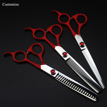 Customize logo 5 kit Japan steel 7 '' red Pet dog grooming cut hair thinning shears curved cutting barber hairdressing scissors 2024 - buy cheap