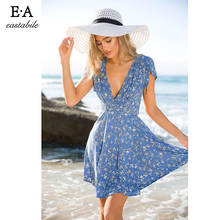 Eastabile Dress Blue Floral Print Mini Dress V-Neck Short Seeve Women Dresses 2017 New Summer Loose Style Bohemia Beach Dresses 2024 - buy cheap