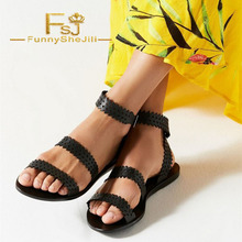FSJ Black Ripple Style Slingback Roman Sandals Fashion Noble Open Toe Ankle Buckle Flat Heel Ladies Office Shoes 2022 Summer 2024 - buy cheap