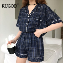 RUGOD New Vintage Plaid Pyjamas Women Fashion Short Sleeve Shirt+ Shots Two Piece Set Sleepwear Casual Pijamas пижама 2024 - buy cheap