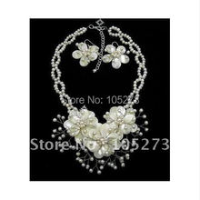 Natural Mother of Pearl Shell Freshwater Pearl Flower Necklace/Earring Set 16''Bridal Free Shipping FN630 2024 - buy cheap
