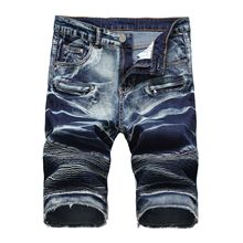 New Summer Mens Biker Short Jeans Retro Pleated Ripped Motorcycle Denim Shorts For Men Multi Zippers Casual Shorts Plus Size 42 2024 - buy cheap