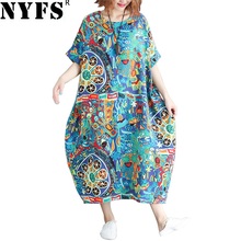 NYFS 2022 New Summer Dress Loose Fashion Printing WomAn Dress Vintage Cotton Linen Long Dresses Vestidos Robe Elbise 2024 - buy cheap