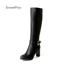 Women Fashion Buckle Winter Knee High Boots Casual Chunky Heels Plus Size Shoes Black Brown with Side Zipper 2024 - buy cheap