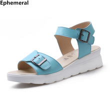 Woman Buckle Strap Sandals Thick Heels With Platform Ladies Soft Leather Shoes Open Toe Plus Size 10 11 12 Blue Black Cute Style 2024 - buy cheap
