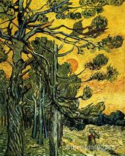 Galería de Arte en línea, pinturas al óleo hechas a mano de Vincent Van Gogh, contra un cielo rojo con árboles de pino puesta de sol, alta calidad 2024 - compra barato