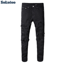 Sokotoo Men's black patchwork stretch denim biker jeans for motorcycle Slim fit skinny ripped pencil pants 2024 - buy cheap