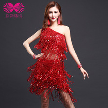 Adult Latin dance costumes shoulder female Latin dance costume Latin dance competition clothing sequined fringed skirt 2024 - buy cheap