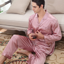 Pijamas de Seda dos homens Adultos Homewear Seda Masculina de Seda Manga Longa Calças Lapela High-end Confortável Roupa 2 pcs d-2161 2024 - compre barato