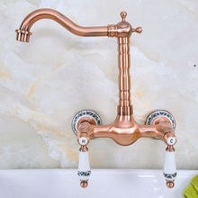 Antique Red Copper Brass Wall Mounted Bathroom Kitchen Sink Faucet Swivel Spout Mixer Tap Dual Ceramics Handles Levers anf954 2024 - buy cheap