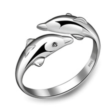 Moda duplo golfinho anel de prata abertura ajustável prateado anéis para a menina presente de dia dos namorados 2024 - compre barato