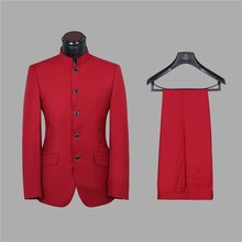 Five Buttons Groomsmen Mandarin Lapel Groom Tuxedos Red/Chocolate Men Suits Wedding Best Man (Jacket+Pants+Tie+Hankerchief) B909 2024 - buy cheap