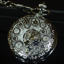 TIEDAN Silver Steampunk Mechanical Pocket Watch Men Retro Antique Luxury Brand Necklace Skeleton Pocket Fob Watch Chain Male 2024 - buy cheap