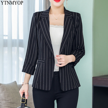 Ytnmyop blazer feminino listrado com um botão, moda verão casaco externo três quartos 2024 - compre barato