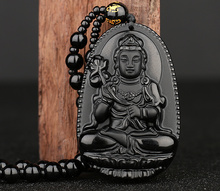 Collar de patrón santo para mujer y hombre, colgante de amuleto de la suerte de Buda tallado en obsidiana negra, joyería 2024 - compra barato