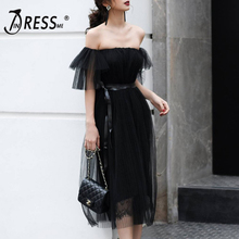 INDRESSME Elegant Summer Women Dress Puff Sleeve Mesh Slash Neck Knee Length Ball Grown Solid Party Club Dress Sexy Dress  2019 2024 - buy cheap