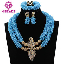 Nigerian Wedding Necklace Bracelet Earrings Set Blue African Beads Jewelry Set Trendy Bridal Jewelry Set Free Shipping ABL176 2024 - buy cheap