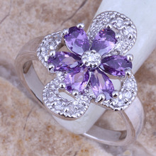 Pretty White CZ Purple Cubic Zirconia Silver Plated Stamped Flower Ring Size 6 / 7 / 8 / 9 R0190 2024 - buy cheap