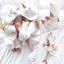 Детские фланелевые комбинезоны с 3D единорогом для девочек 0-24 месяцев, модный теплый комбинезон на молнии с капюшоном для девочек, Ropa Bebe, комбинезон для новорожденных 2024 - купить недорого