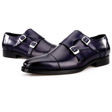 Fashion Black / Blue Double Monk Strap Business Shoes Genuine Leather Mens Wedding Dress Shoes 2024 - купить недорого