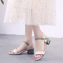 Leather High heels sandals women 2019 Summer shoes women Fashion Square heel sandals Concise Mixed Colors Casual female shoes 2024 - buy cheap