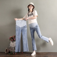 2019 spring and summer pregnant women jeans retro beaded stomach lift jeans nine points bell pants pregnancy library 2024 - buy cheap