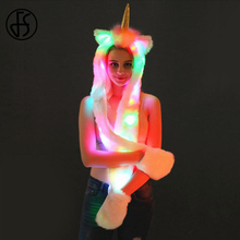 FS Winter Halloween Christmas Gifts LED Unicorn Hat Costume For Women Girl Warm Long Scarf And Gloves Set With Pockets Sexy Gift 2024 - buy cheap