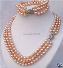 Бесплатная доставка> 3 ряда 7-8 мм розовый Akoya Жемчужное ожерелье браслет набор 2024 - купить недорого