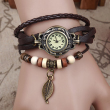Women Girl Vintage Watches, Bracelet Wristwatches leaf Pendant High Quality Women Genuine Leather Vintage Quartz Dress Watch A40 2024 - buy cheap