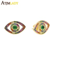 top quality gold rose gold turkish lucky stud earring for women green red cubic zirconia rainbow colorful cz evil eye jewelry 2024 - buy cheap