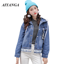 Fashion Denim Jackets For Women 2018 Autumn Winter Single-breasted Letter Print Hooded Jackets Casual Outerwear Female 2024 - buy cheap