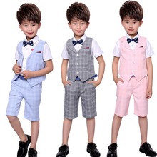 Костюм для мальчиков из 4 предметов, рубашка, короткий жилет, галстук-бабочка, Официальный джентльменский Блейзер, костюм для отдыха на лето 2024 - купить недорого