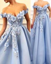 Vestidos Sky Blue Long Evening Dresses Off The Shoulder 3D Flower Appliques Floor Length Formal Party Gowns Evening Dress 2024 - buy cheap