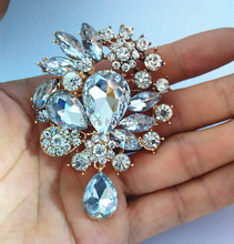3 Inch Gold Tone Clear Rhinestone Crystal Big Glass Drop Brooch Wedding Pin 2024 - buy cheap