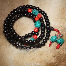 Natural Ebony 8mm Bracelets 108 Black Sandalwood Prayer Beads Mala Necklace With Turquoises BRO876  2024 - buy cheap