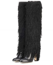 Drop Shipping New Brand Woman Solid Black Fur Fringed Tassel Slip On Round Toe Square Toe Knee High Long Leather Boots Lady 2024 - buy cheap