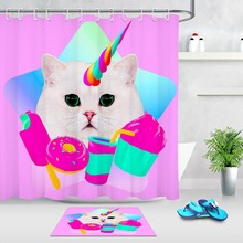 Cortina y alfombra de ducha gato unicornio caramelo divertido Pantalla de baño tela de poliéster lavable Extra larga impermeable para la decoración de la bañera 2024 - compra barato