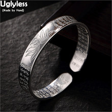 Uglyless 1 шт женский браслет с сутрой, регулируемый настоящий 99.9% тонкий серебряный глянцевый браслет лотоса Вогнутый выпуклый браслет, ювелирные изделия 2024 - купить недорого