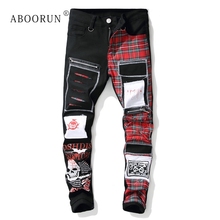 ABOORUN Men's Brand Skinny Jeans Fashion Plaid Patches Skull Printed Jeans Men's Hip Hop Streetwear Jeans x1614 2024 - buy cheap