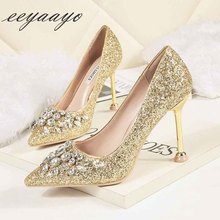 2019 New Spring Women Pumps High Thin Heel Pointed Toe Sexy Ladies Bling Crystal Bridal Wedding Women Shoes Gold High Heels 2024 - buy cheap