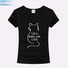 Roupas Para Mulheres de 2019 A VIDA É MELHOR COM GATOS Kawaii Roupas Gráfico Engraçado Impresso T Camisa de Algodão das Mulheres shirt T-shirt 2024 - compre barato