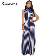 OKAYOASIS Free Shipping Striped Jumpsuit Rompers Women Overalls Ladies Casual Loose Full Length Wide Leg Pants 2024 - buy cheap
