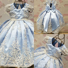 Light Blue Girls Pageant Dresses Applique Pearls Satin First Communion Dress Baby Girls Party Princess Birthday Gown with Bow 2024 - buy cheap
