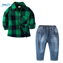 Conjunto infantil de camisa verde estilo britânico tz603, conjunto casual para meninos duas peças camisa da grade + jeans 2024 - compre barato