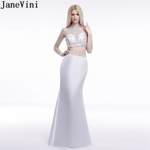 JaneVini vestido blanco atractivo de la dama de honor de la sirena con el cuello alto cristalino plateado 2 piezas vestidos largos del baile de graduación de lujo lentejuelas vestido de fiesta 2024 - compra barato