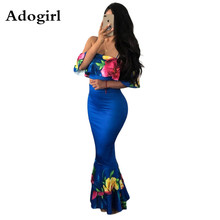 Floral Print Ruffles 2 Piece Set Dress Off Shoulder Crop Top +High Waist Bodycon Mermaid Maxi Skirt Women Party Club Outfits 2024 - buy cheap